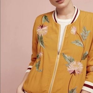 Anthropologie Elevenses Embroidered Bomber Jacket Womens Medium Mustard Full Zip